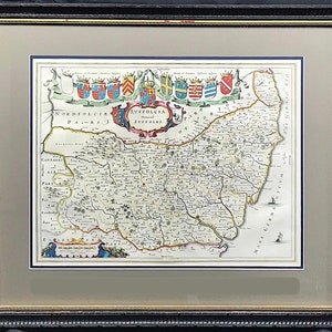 Carte originale du comté de Suffolk de 1648 gravée et coloriée à la main par Johan Blaeu, carte de collectionneur vieille de 360 ans ENCADRÉE