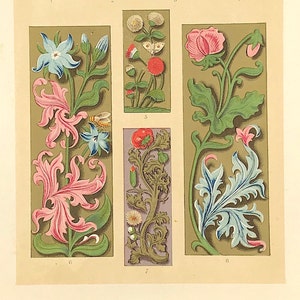 Flowers and insects 16th Century Decorative Art Illumination 1860, Beautiful colour lithograph bold vibrant manuscript painting