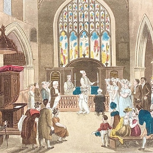 Peut inclure: Illustration ancienne d'un intérieur d'église avec un vitrail. Des personnes vêtues de costumes d'époque sont rassemblées, une cérémonie se déroulant à l'autel. Un pupitre est visible à gauche.