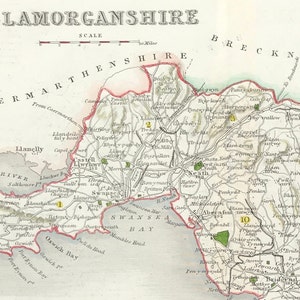 Mapa de Glamorganshire c1840, pequeño, fino y detallado, listo para montar y enmarcar, regalo o presente, coloreado a mano, original victoriano, grabado