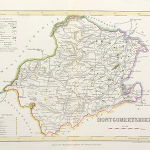 Mapa de Montgomeryshire, 1840, pequeño, fino y detallado, listo para montar y enmarcar, regalo o presente, coloreado a mano, original victoriano, grabado