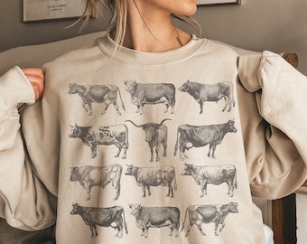 Kuh Sweatshirt | Cottagecore Kleidung | Western Crewneck Vintage Sweatshirt | Kuh Pullover, Kuh Shirt | Geschenke für Kuhliebhaber, Vintage