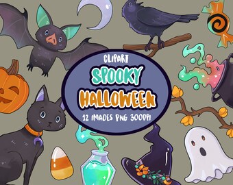Spooky Clipart - Halloween Clipart Download - Instant Download - Pumpkin - Witches Hat - Raven - Black Cat - Candy Corn