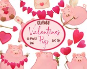 Valentines Pigs Clipart - Valentines Download - Instant Download - Pigs - Love - Hearts - Cupid - Letter - Bow