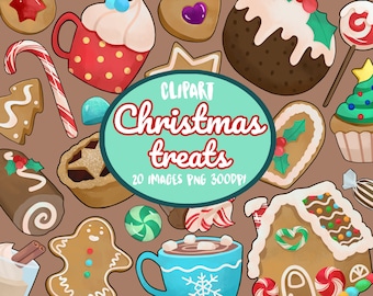 May include: A collection of 20 Christmas-themed treats, including gingerbread houses, cookies, candy canes, and hot chocolate. The clipart is perfect for adding a festive touch to your holiday projects.