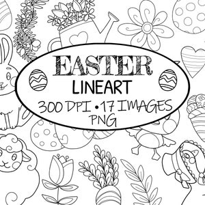 Dessiné à la main Easter Lineart Clipart - Illustrations à colorier - Téléchargement de Pâques - Lapin - oeuf - panier - oie - poussin - carotte - bannière