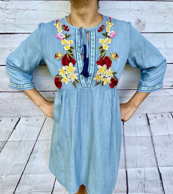 chambray embroidered dress Chambray Embroidered Smocked Midi Dress main image 0
