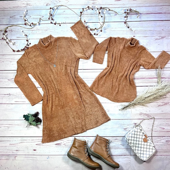 thanksgiving sweater dress Day Outfit Idea Brittany Ann Courtney line style knit mini dress in a rich shimmering copper color Matching mother daughter dresses for