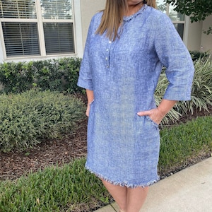 Blue linen dress, linen dresses for women, linen shirt dress, linen tunic, medieval linen dress, linen pinafore dress, thansgiving dress,