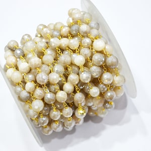 Mystic Ceylon Moonstone Faceted Rosary Chain , Mystic Ceylon Moonstone Round Shape Wire Wrapped Chain , 7 to 9 mm , Sold By Foot , 7BGI118