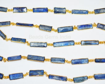 Natural Blue Himalayan Kyanite Faceted Tube Baguette Unique Bezel Connector Chain , Sold By Foot , 15 to 20 mm, 6BGI293