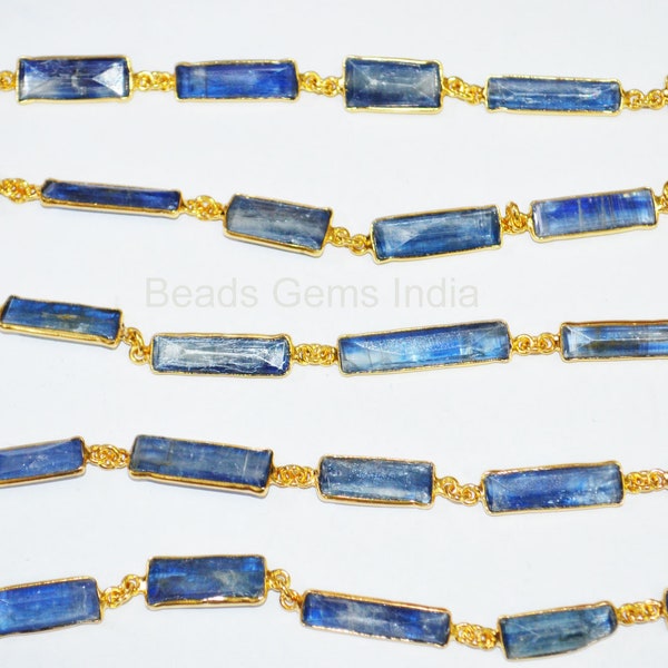 Natural Blue Himalayan Kyanite Faceted Tube Baguette Unique Bezel Connector Chain , Sold By Foot , 15 to 20 mm, 6BGI293