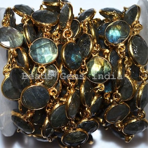 Labradorite Connector Beaded Chain-Labradorite Coin Gold Wire Wrapped Connector Chain , 11 mm - 5BGI104