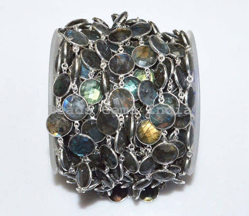 13-14 mm Labradorite Coin Shape Connector Bezel Chain Labradorite Wire Wrapped Connector Link Station Chain 5BGI741