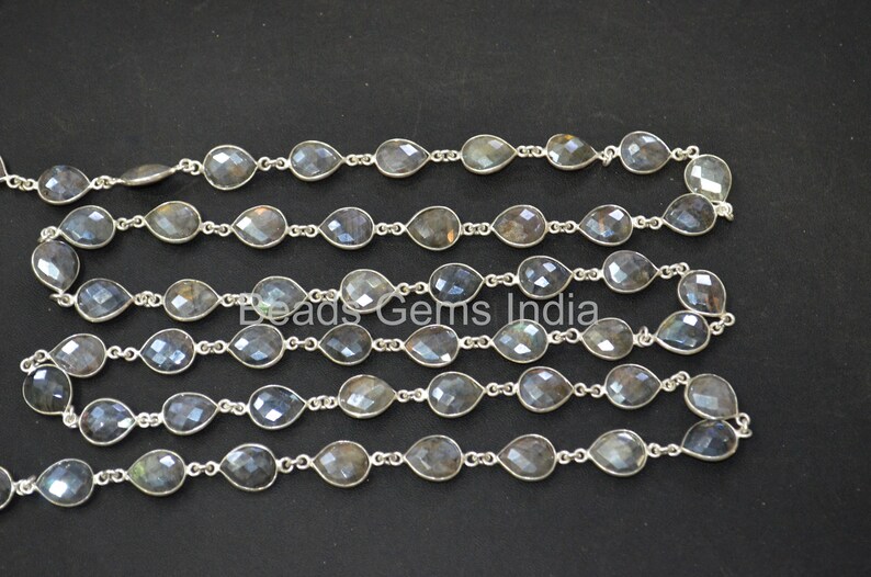 Silverite Labradorite Bezel Link Chain Sold By Foot 10x12 mm 6BGI086 Labradorite AB Coated Pear Faceted Connector Chain