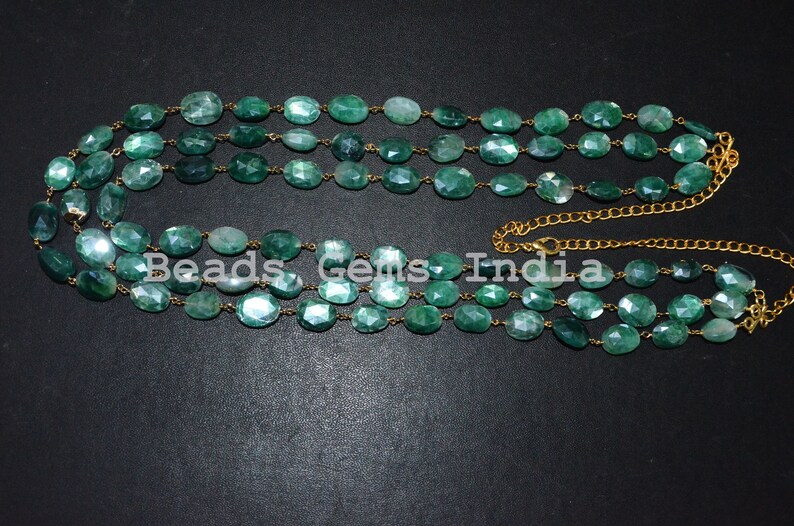 10-13.50 mm Gorgeous Mystic Green Moonstone Oval Shape Rosary Beaded 3 Layer Necklace Green Moonstone Faceted Rosary Necklace 6BGI251