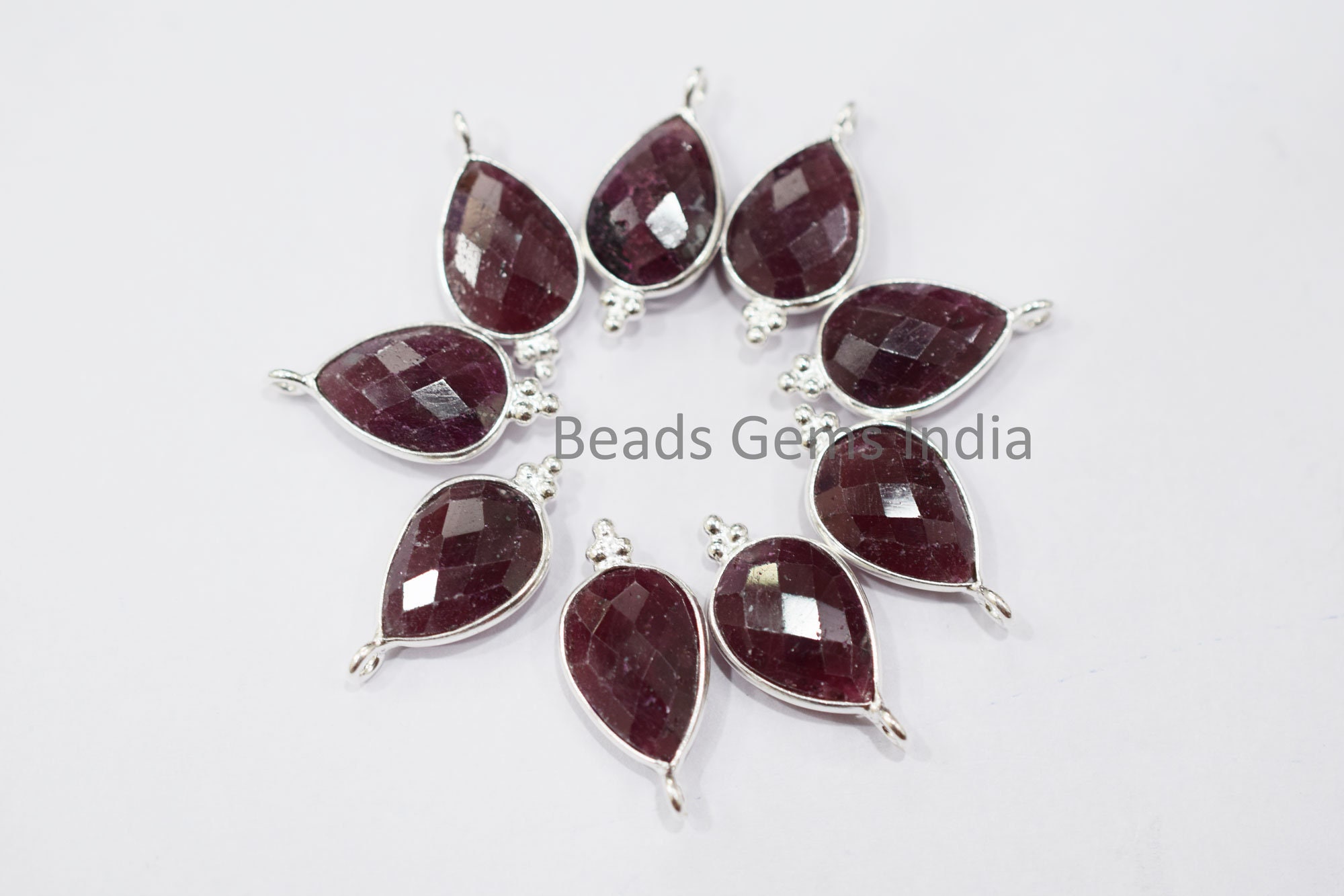 Ruby Pear Shape Connector, Ruby Faceted Bezel Link Connector, Sold