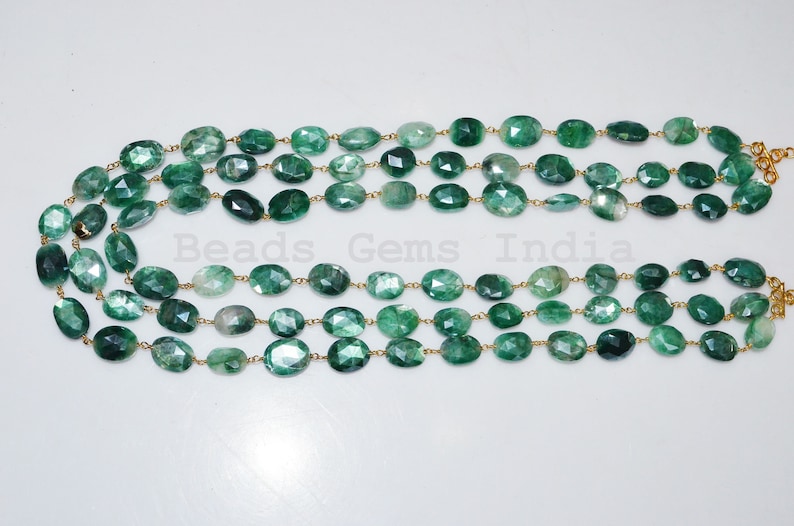10-13.50 mm Gorgeous Mystic Green Moonstone Oval Shape Rosary Beaded 3 Layer Necklace Green Moonstone Faceted Rosary Necklace 6BGI251