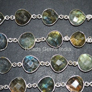 Labradorite Heart Shape Connector Chain- Labradorite Heart Shape, Slice Faceted Bezel Connector Chain, Sold By Foot, 12 mm, 6BGI173