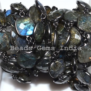 Beautiful Labradorite Connector Beaded Chain - Labradorite Cushion Black Wire Wrapped Connector Chain , 10.50 mm - 5BGI102