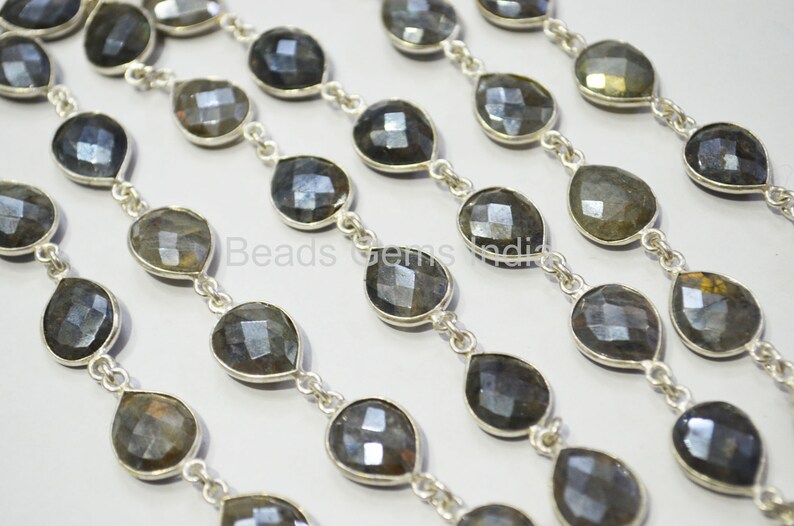Silverite Labradorite Bezel Link Chain Sold By Foot 10x12 mm 6BGI086 Labradorite AB Coated Pear Faceted Connector Chain