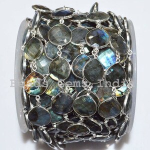 Labradorite Heart Shape Connector Chain -  Labradorite Faceted Bezel Link Connector Chain, Sold By Foot, Rare Item, 15x16 mm, 5BGI745