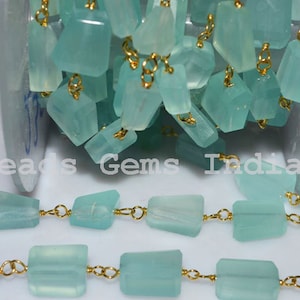 Aqua Chalcedony AB beschichtet Rosenkranz Perlen Kette, Aqua Chalcedon Nuggets Gold Draht gewickelt Rosenkranz Kette, verkauft von Fuß, 10-13 mm, 5BGI166