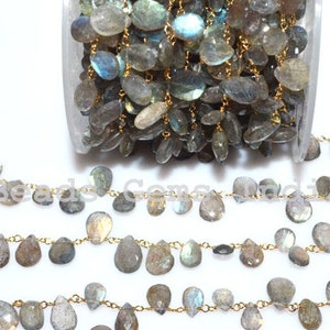 Labradorite Faceted Rosary Beaded Chain, Labradorite Faceted Pear Shape Wire Wrapped Rosary Beaded Chain, 7 - 10 mm - 5BGI796