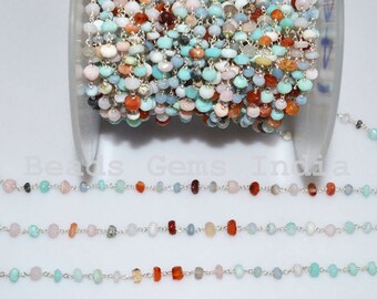 Peruvian Multi Opal Faceted Rosary Beaded Chain, Peruvian Multi Opal Wire Wrapped Rosary Chain, Sold By Foot , 4 - 5 mm, 5BGI004A