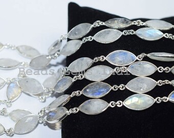 Rainbow Moonstone Marquise Connector Chain - Natural Rainbow Moonstone Faceted Bezel Connector Link Chain, Sold By Foot, 8x15 mm - 5BGI990