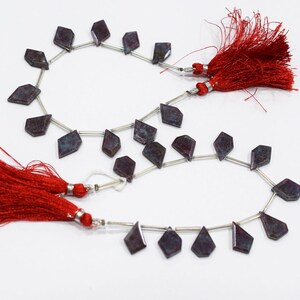 May include: Two strands of gemstone beads with a diamond shape, strung on a silver wire. Each strand has a red tassel at the end. The gemstones are a dark purple colour.
