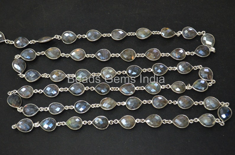Silverite Labradorite Bezel Link Chain Sold By Foot 10x12 mm 6BGI086 Labradorite AB Coated Pear Faceted Connector Chain