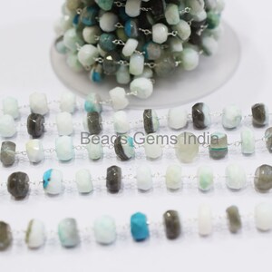 Natural Blue Boulder Fossil Opal Faceted Rosary Beaded Chain, Sold By Foot, 8-9 mm, 6BGI385