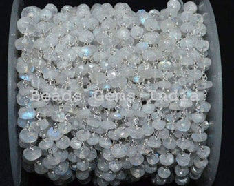 Rainbow Moonstone Faceted Rosario Cadena con cuentas, Rainbow Moonstone Alambre Envuelto Cadena de Rosario, Vendido a pie, 5 - 6 mm, 5BGI160A