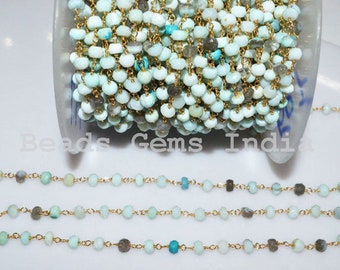Peruvian Blue Opal Faceted Rosary Beaded Chain, Peruvian Blue Opal Faceted Wire Wrapped Rosary Chain , 4.50 - 5 mm - 5BGI497