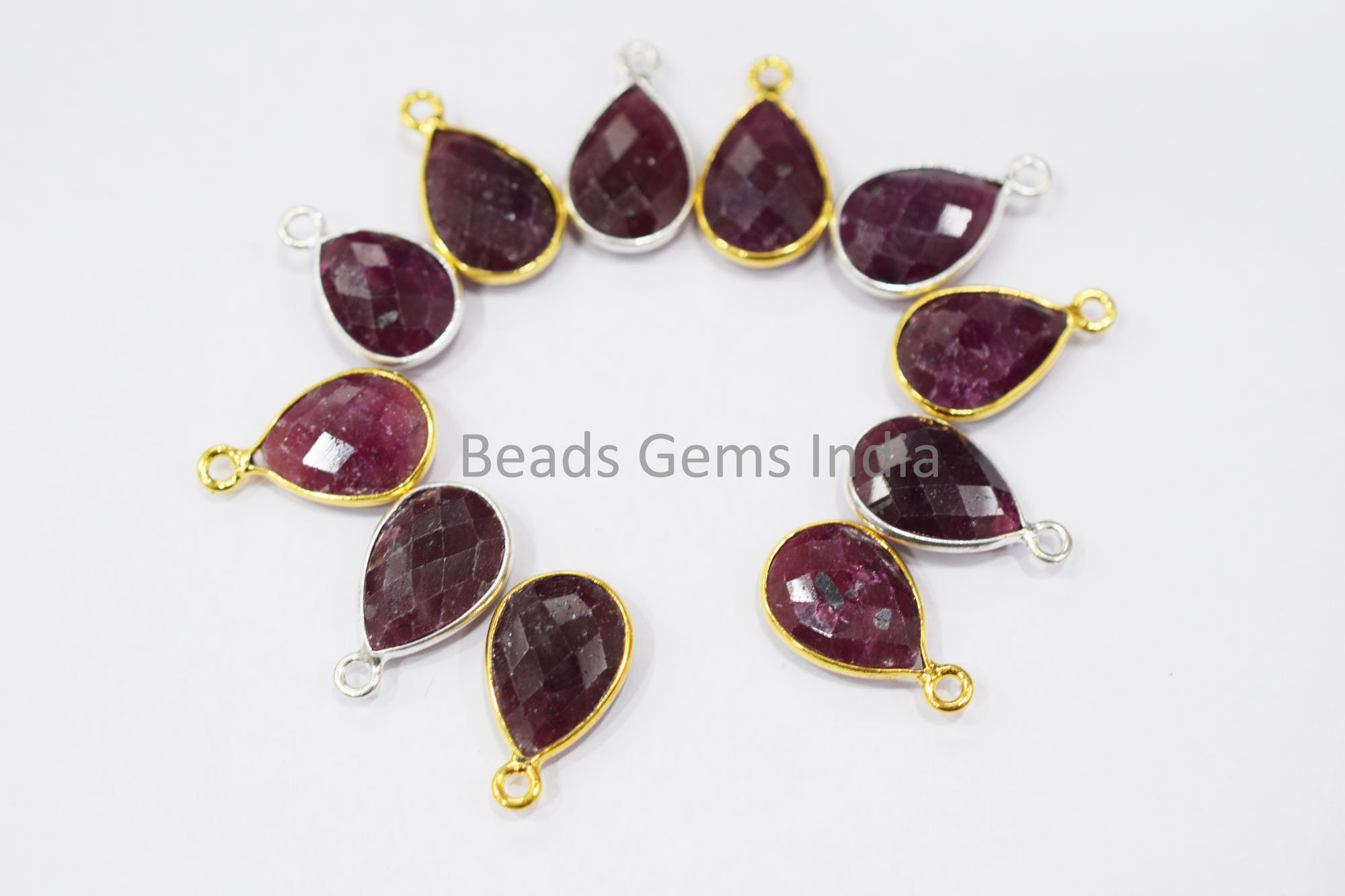 Ruby Pear Shape Connector, Ruby Faceted Bezel Link Connector