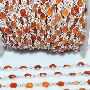 Carnelian Cabochon Connector Chain - Oval Shape Bezel Continous Connector Link Chain, Sold By Foot, 4.50-6.50mm - 5BGI836