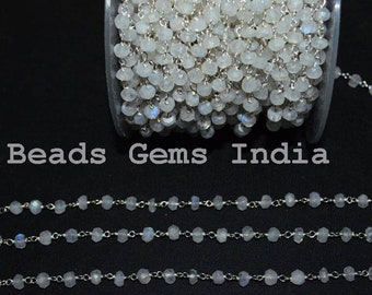 Rainbow Moonstone Faceted Rosary Beaded Chain, Rainbow Moonstone Wire Wrapped Rosary Chain, Vendido por pie, 4 - 4.50 mm, 5BGI756