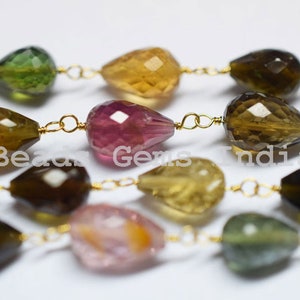 Gold Multi Tourmaline Faceted Drops Rosary Beaded Chain, Multi Tourmaline Wire Wrapped Rosary Beaded Chain , 5x6 - 5x7 mm, 5BGI953