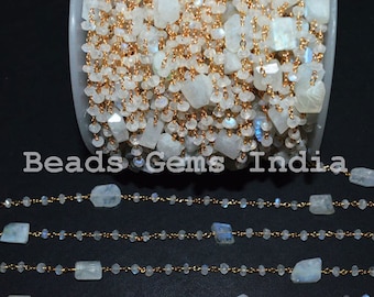 Blanco arco iris Piedra luna facetada rosario cadena con cuentas, arco iris Moonstone laser corte nuggets perlas cadena rosario, 3.75 - 4 mm - 5BGI477
