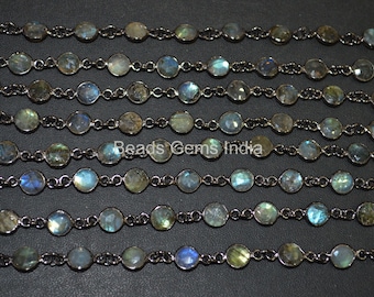 Labradorite Faceted Round Coin Shape Connector Bezel Chain - Labradorite Connector Link Station Chain , Sold By Foot , 6 mm - 6BGI285