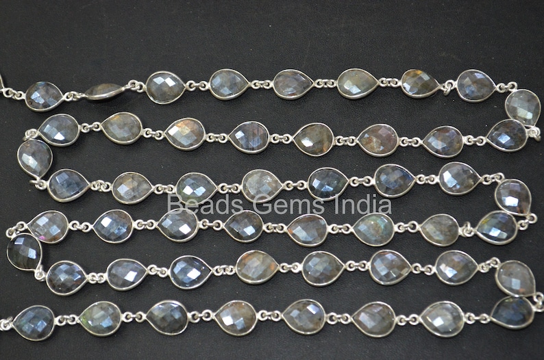 Silverite Labradorite Bezel Link Chain Sold By Foot 10x12 mm 6BGI086 Labradorite AB Coated Pear Faceted Connector Chain