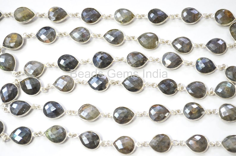 Silverite Labradorite Bezel Link Chain Sold By Foot 10x12 mm 6BGI086 Labradorite AB Coated Pear Faceted Connector Chain