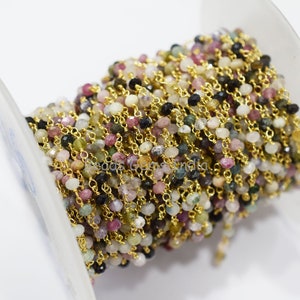 Multi Tourmaline Rosary Beaded Chain, Multi Tourmaline Faceted Wire Wrapped Chain ,Sold By Foot,  3.50 mm - 6BGI716