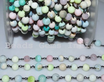 Rare Multi Peruvian Opal Smooth Round Rosary Beaded Chain, Multi Peruvian Opal Oxidized Wire Wrapped Rosary Chain , 6.50 - 7 mm - 5BGI090