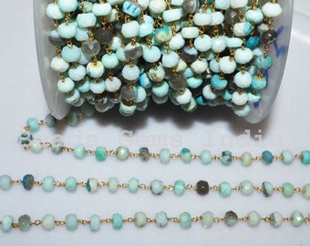 Peruvian Blue Opal Faceted Rosary Beaded Chain, Peruvian Blue Opal Faceted Wire Wrapped Rosary Chain , 6 - 6.50 mm - 5BGI498