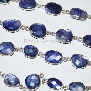 Sapphire Colored Moonstone Free Form Connector Chain - Sapphire Moonstone Faceted Bezel Link Chain ,Sold By Foot, 10- 13 mm -6BGI124