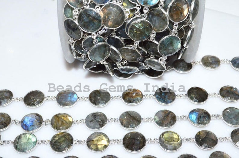 13-14 mm Labradorite Coin Shape Connector Bezel Chain Labradorite Wire Wrapped Connector Link Station Chain 5BGI741