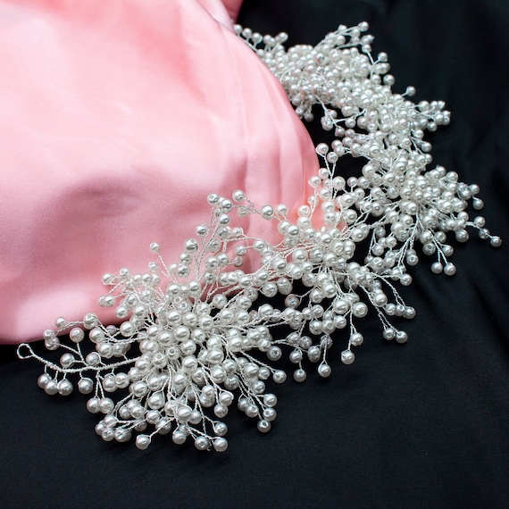 Bridal Hair Vine Set: Simulated Pearls, Baby's Breath Design, Rhodium Plated