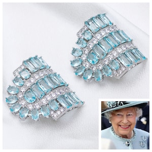 Queen Elizabeth’s Pair of Aquamarine Clip Brooches Replica with Created Crystal and 5A Cubic Zirconia & Luxury Leather Gift Box